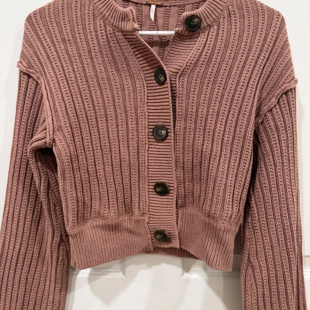 Free People Ribbed Cropped Cardigan Mauve Pink Cotton Balloon Sleeve XS